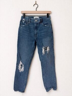Abercrombie High Rise Mom Jeans Distressed Raw Hem Medium Wash 27
